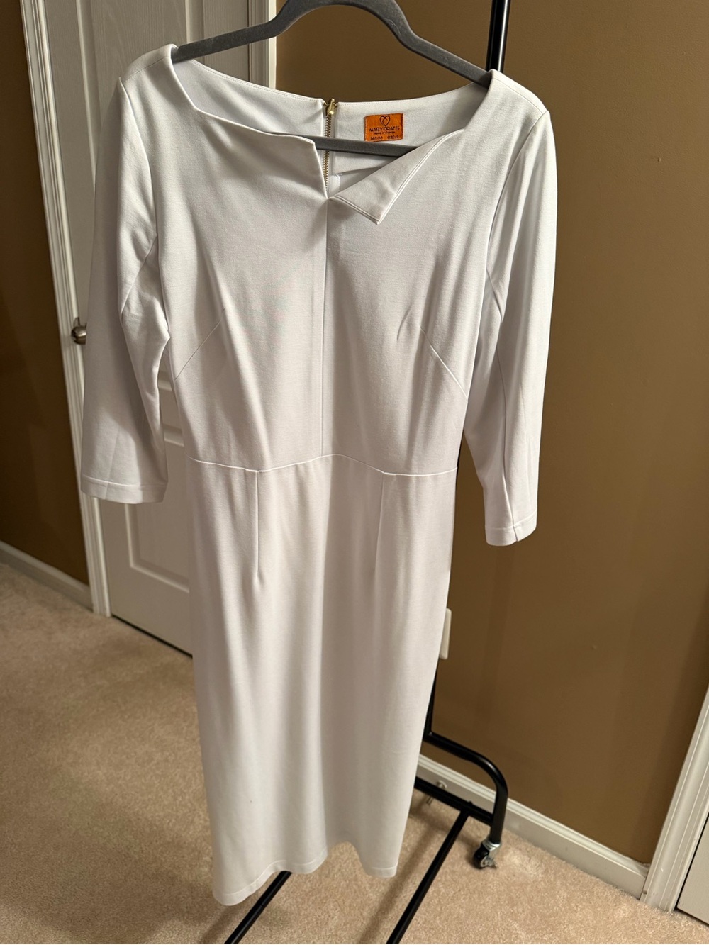 White Midi Sheath Dress with Notch Neckline by